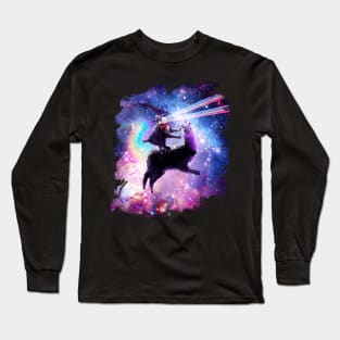 Laser Eyes Outer Space Cat Riding On Llama Unicorn Long Sleeve T-Shirt